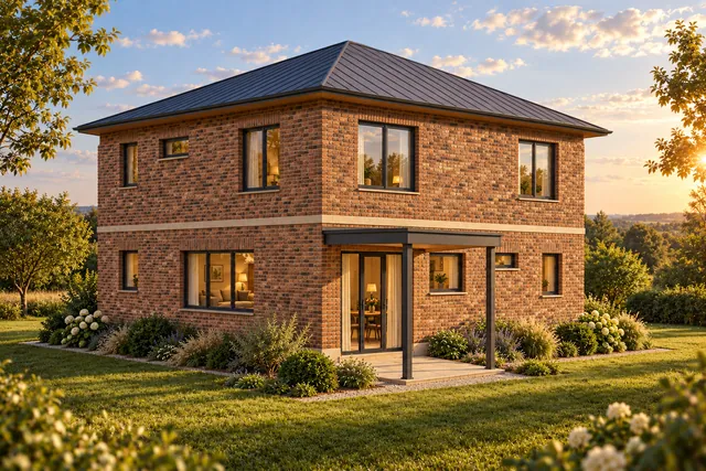 ШТЕРН 06: Кирпичная вилла, тёплый кирпич и тонкий каменный пояс